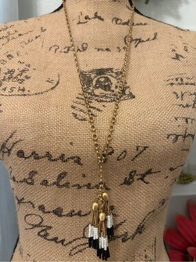J. Crew Gold-Tone Necklace with Black and White Beaded Tassels